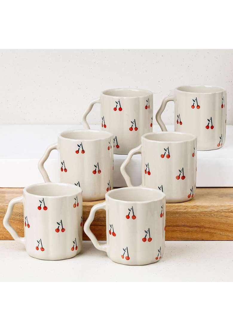 The Earth Store Cream Cherry Ceramic Coffee Mug | 300 ml | 10.1 fl oz | 6-Piece Set | Dishwasher Safe | Microwave Safe - Indya