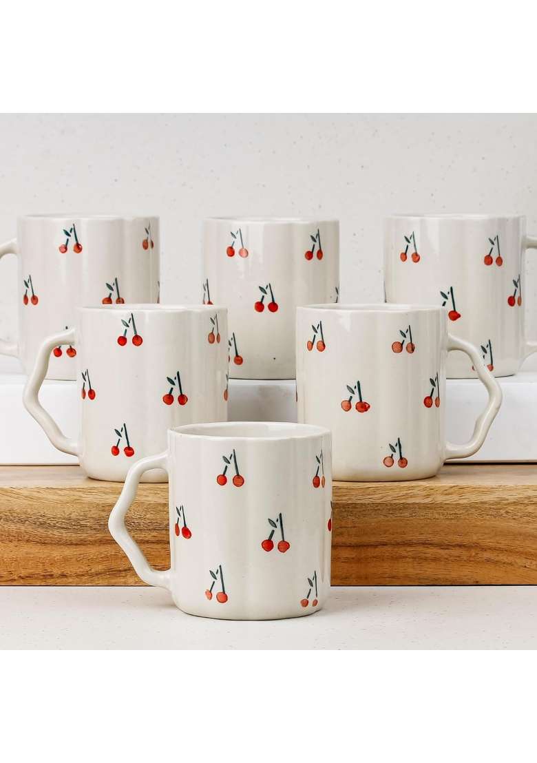 The Earth Store Cream Cherry Ceramic Coffee Mug | 300 ml | 10.1 fl oz | 6-Piece Set | Dishwasher Safe | Microwave Safe - Indya