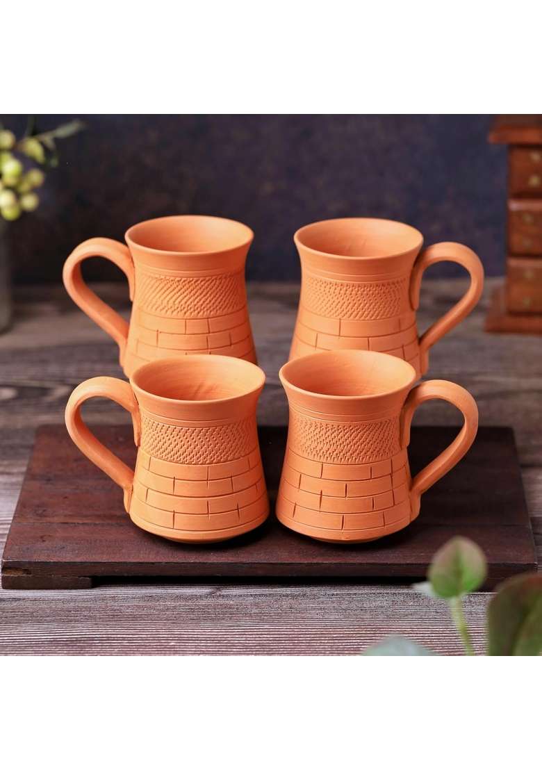 THE HANDICRAFTIAN Handcrafted Terracotta Coffee Mug | 2-Piece Set | Microwave Safe - Indya