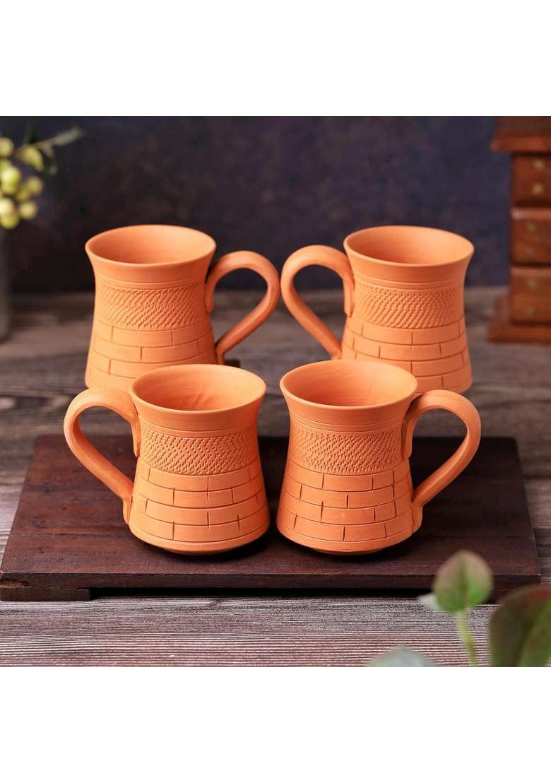 THE HANDICRAFTIAN Handcrafted Terracotta Coffee Mug | 2-Piece Set | Microwave Safe - Indya