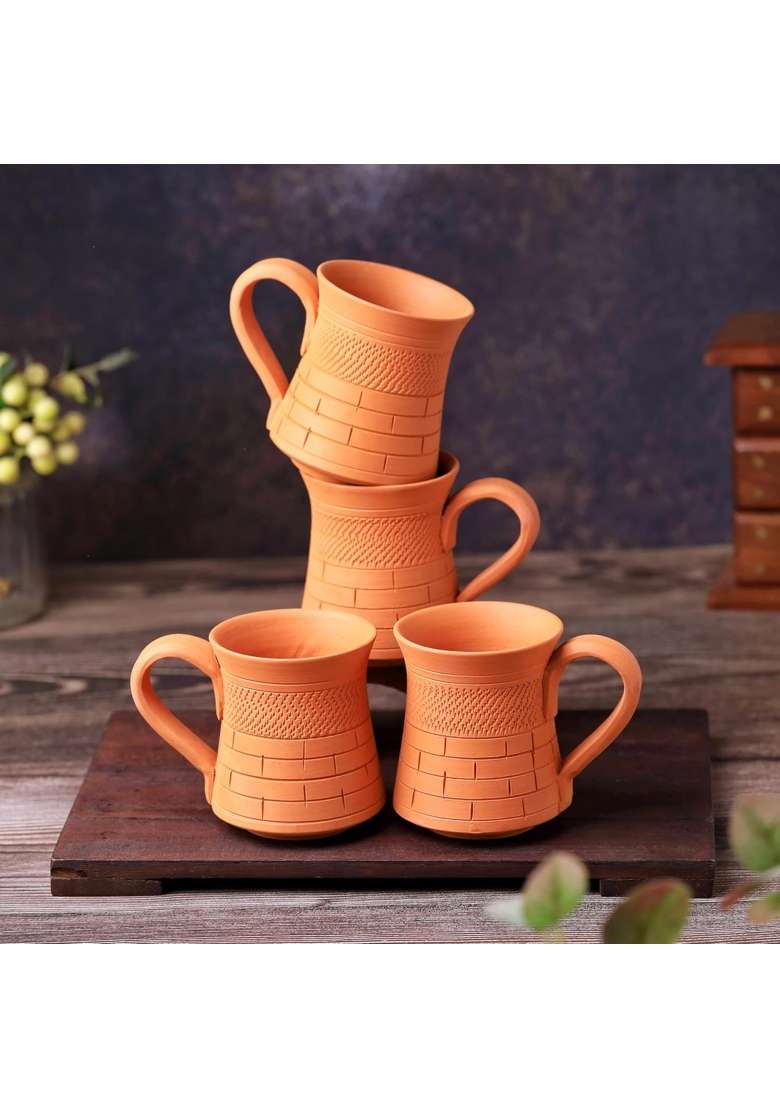 THE HANDICRAFTIAN Handcrafted Terracotta Coffee Mug | 2-Piece Set | Microwave Safe - Indya