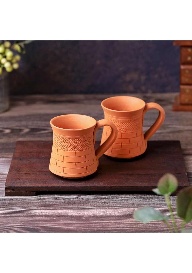 THE HANDICRAFTIAN Handcrafted Terracotta Coffee Mug | 2-Piece Set | Microwave Safe - Indya
