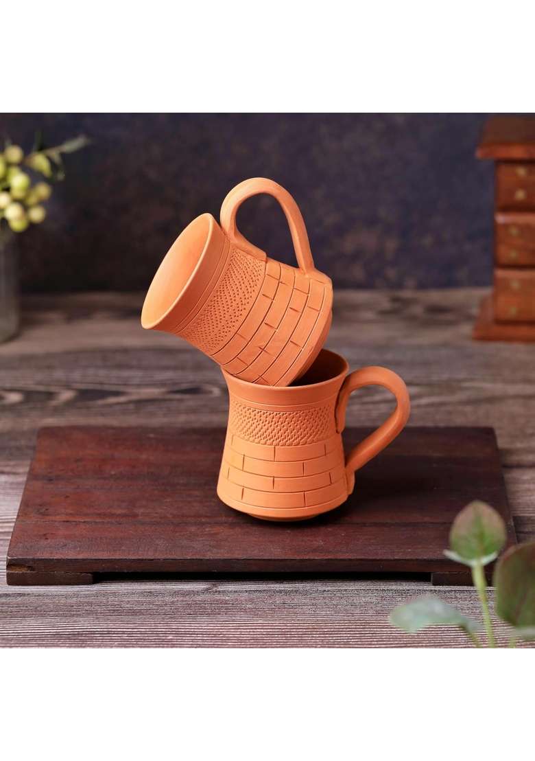 THE HANDICRAFTIAN Handcrafted Terracotta Coffee Mug | 2-Piece Set | Microwave Safe - Indya