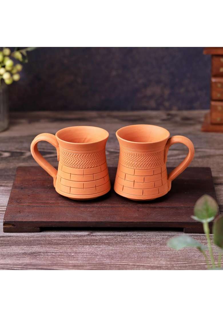 THE HANDICRAFTIAN Handcrafted Terracotta Coffee Mug | 2-Piece Set | Microwave Safe - Indya