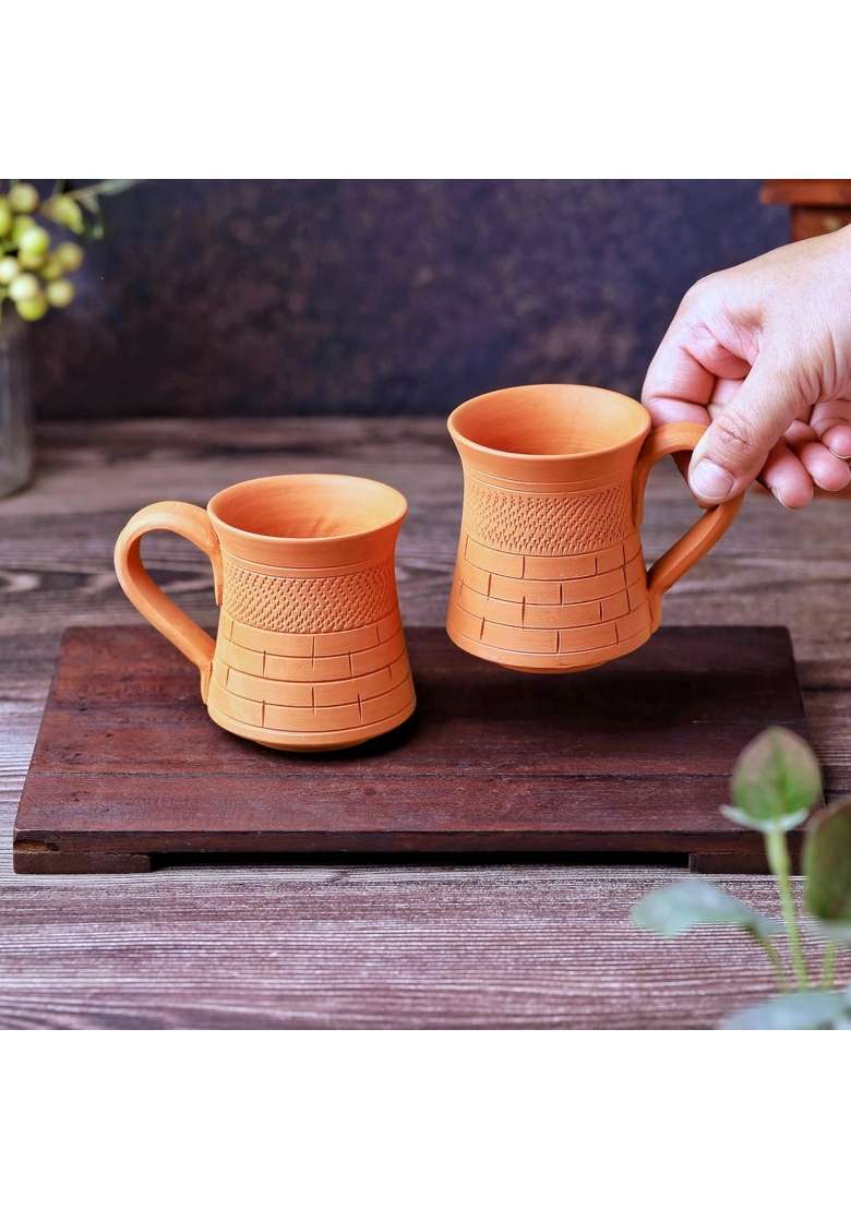 THE HANDICRAFTIAN Handcrafted Terracotta Coffee Mug | 2-Piece Set | Microwave Safe - Indya