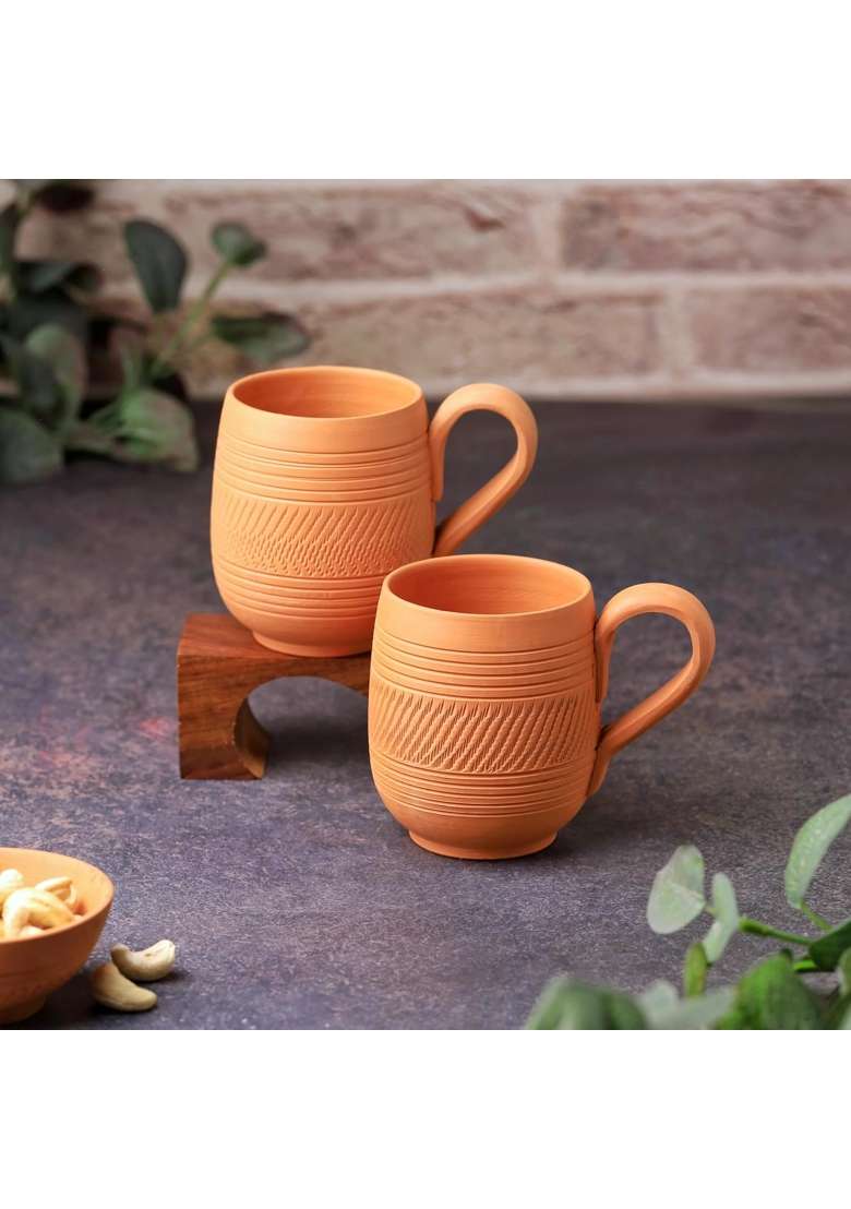 THE HANDICRAFTIAN Handcrafted Terracotta Coffee Mug | 2-Piece Set | Microwave Safe - Indya