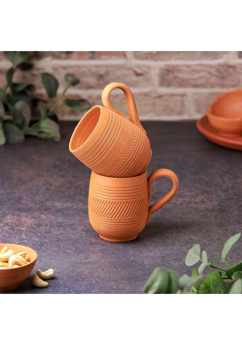 THE HANDICRAFTIAN Handcrafted Terracotta Coffee Mug | 2-Piece Set | Microwave Safe - Indya