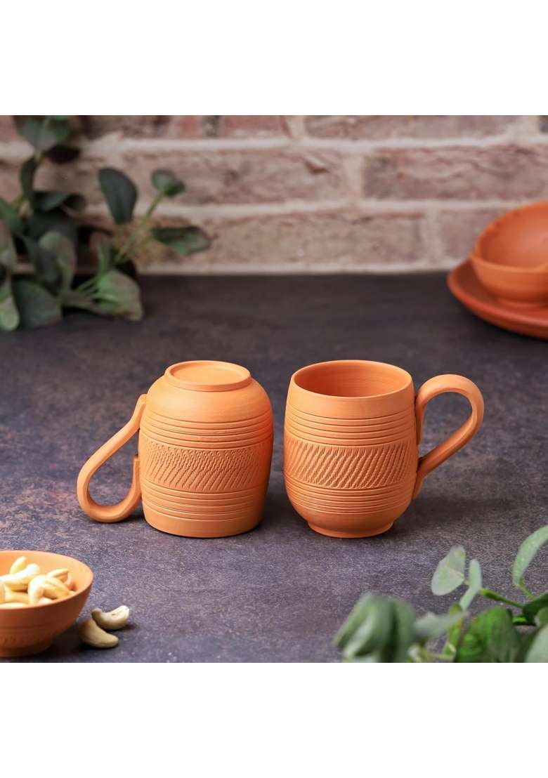THE HANDICRAFTIAN Handcrafted Terracotta Coffee Mug | 2-Piece Set | Microwave Safe - Indya