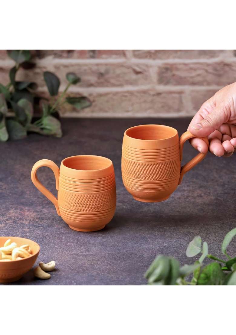 THE HANDICRAFTIAN Handcrafted Terracotta Coffee Mug | 2-Piece Set | Microwave Safe - Indya