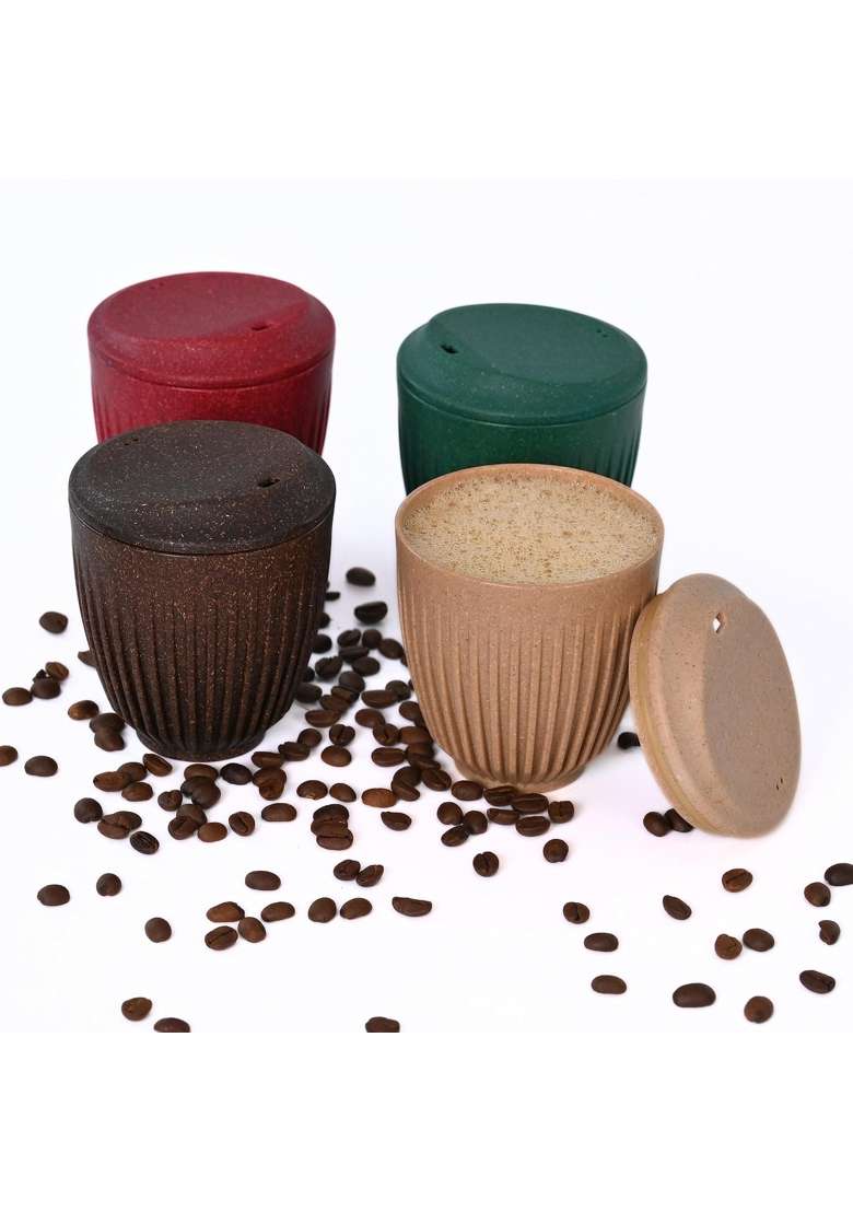 Eha Earth-Friendly Retro Coffee Cup | 250 ml | 8.5 fl oz | 4-Piece Set | Microwave Safe | With Lid - Indya