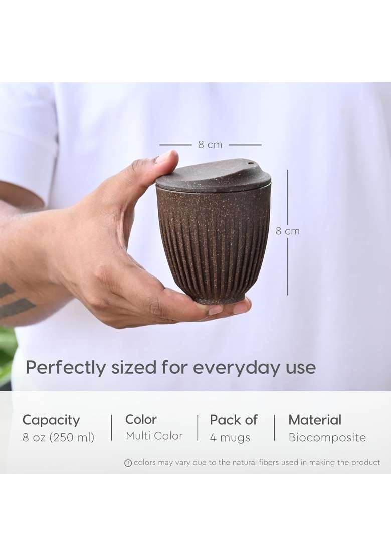Eha Earth-Friendly Retro Coffee Cup | 250 ml | 8.5 fl oz | 4-Piece Set | Microwave Safe | With Lid - Indya