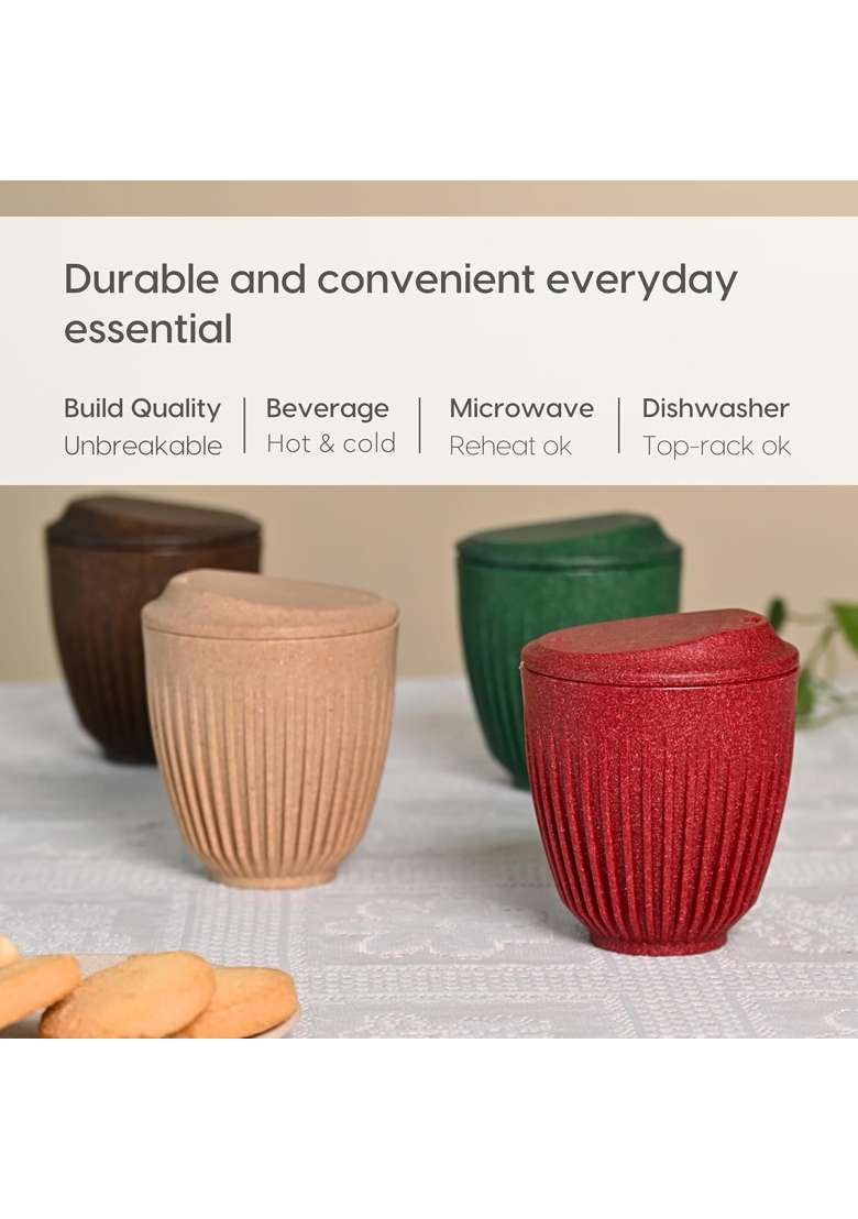 Eha Earth-Friendly Retro Coffee Cup | 250 ml | 8.5 fl oz | 4-Piece Set | Microwave Safe | With Lid - Indya