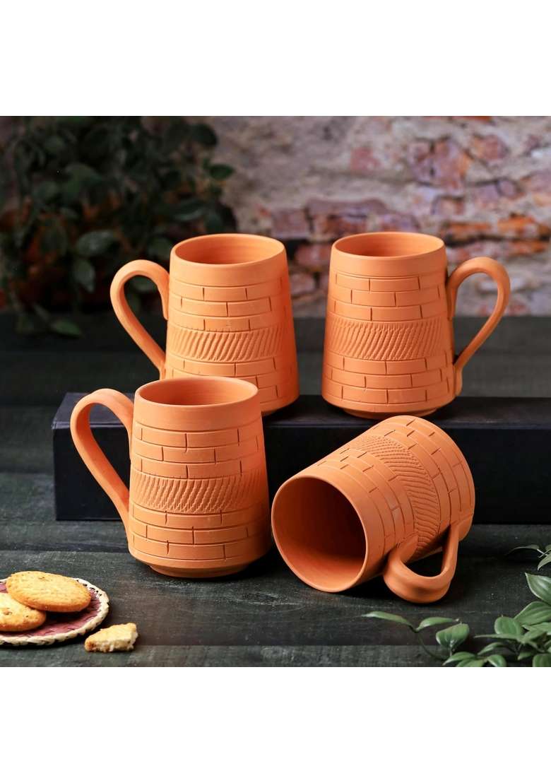 THE HANDICRAFTIAN Handcrafted Terracotta Nawabi Jumbo Mug Set | 350 ml | 11.8 fl oz | 4-Piece Set | Microwave Safe - Indya