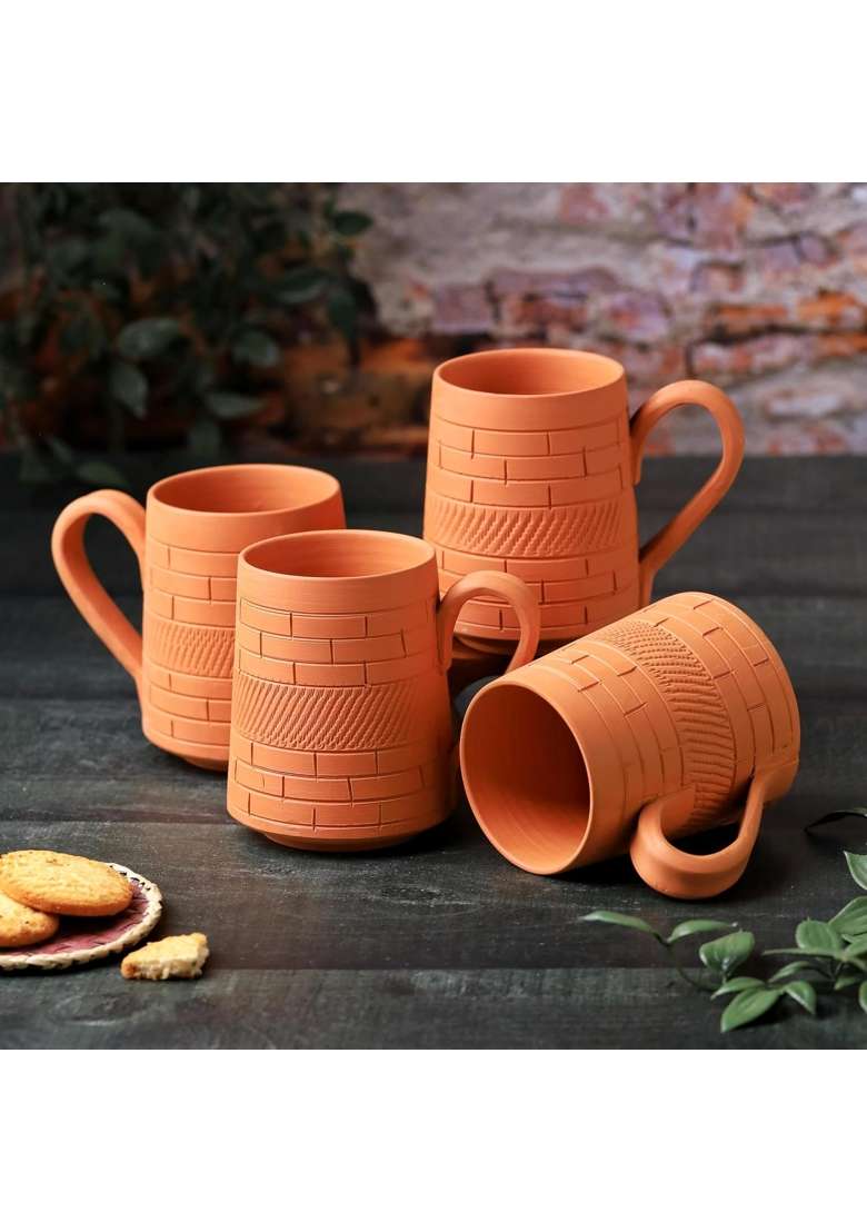 THE HANDICRAFTIAN Handcrafted Terracotta Nawabi Jumbo Mug Set | 350 ml | 11.8 fl oz | 4-Piece Set | Microwave Safe - Indya