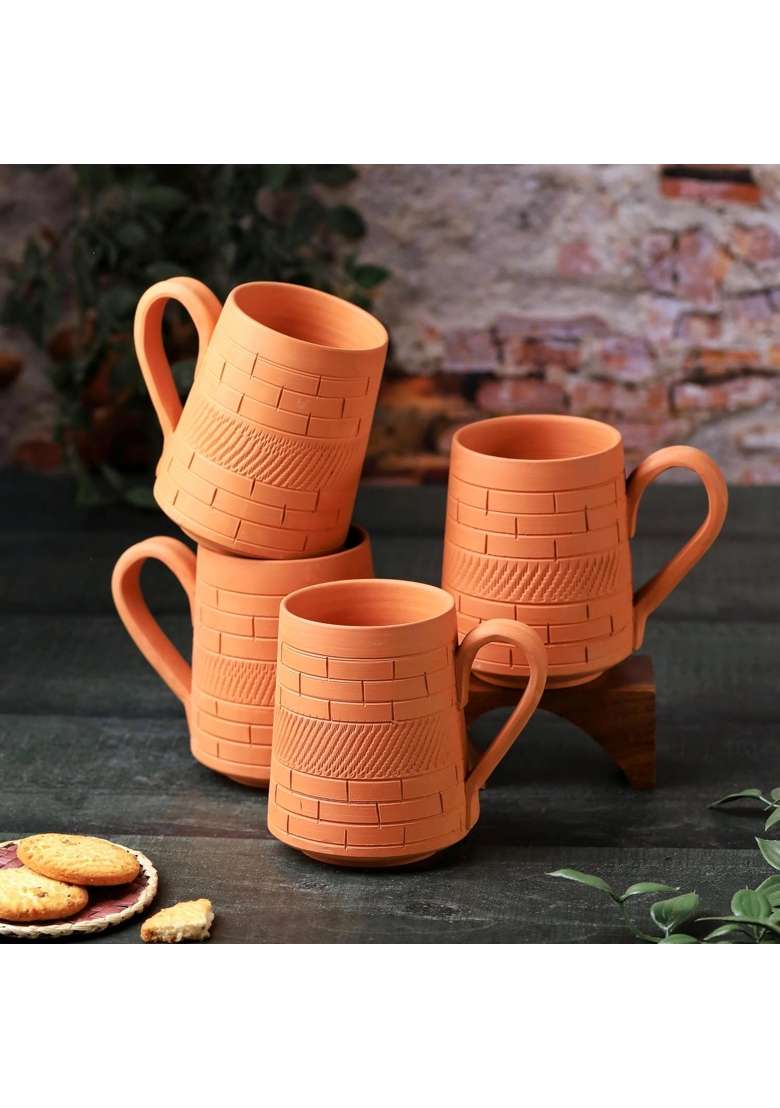 THE HANDICRAFTIAN Handcrafted Terracotta Nawabi Jumbo Mug Set | 350 ml | 11.8 fl oz | 4-Piece Set | Microwave Safe - Indya