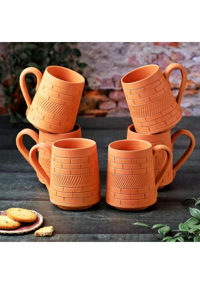 THE HANDICRAFTIAN Handcrafted Terracotta Nawabi Jumbo Mug Set | 350 ml | 11.8 fl oz | 6-Piece Set | Microwave Safe - Indya
