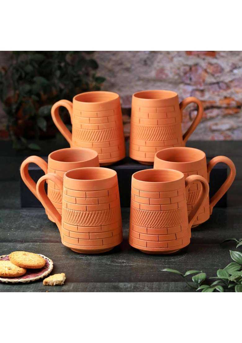 THE HANDICRAFTIAN Handcrafted Terracotta Nawabi Jumbo Mug Set | 350 ml | 11.8 fl oz | 6-Piece Set | Microwave Safe - Indya