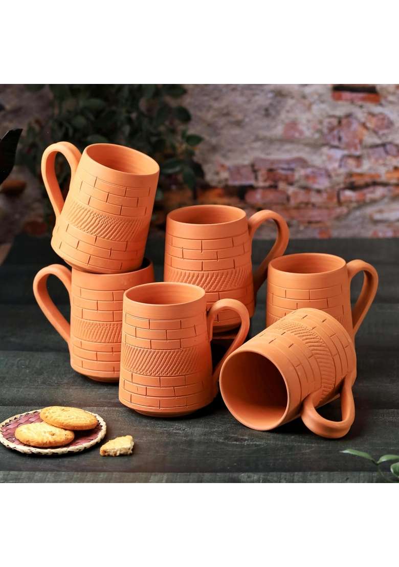 THE HANDICRAFTIAN Handcrafted Terracotta Nawabi Jumbo Mug Set | 350 ml | 11.8 fl oz | 6-Piece Set | Microwave Safe - Indya