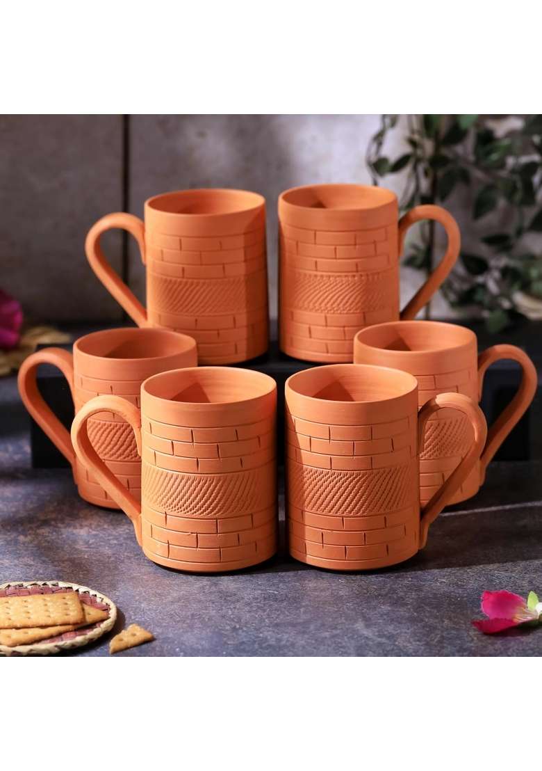 THE HANDICRAFTIAN Handcrafted Terracotta Kohinoor Jumbo Mug Set | 350 ml | 11.8 fl oz | 6-Piece Set | Microwave Safe - Indya