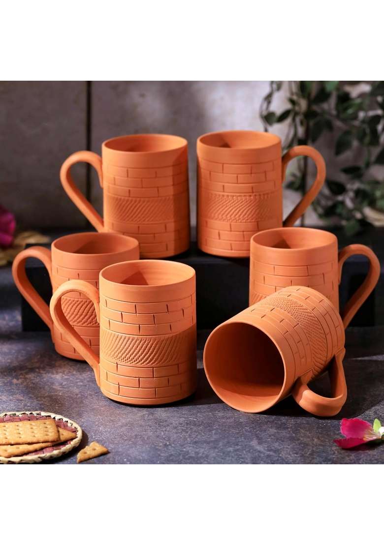 THE HANDICRAFTIAN Handcrafted Terracotta Kohinoor Jumbo Mug Set | 350 ml | 11.8 fl oz | 6-Piece Set | Microwave Safe - Indya