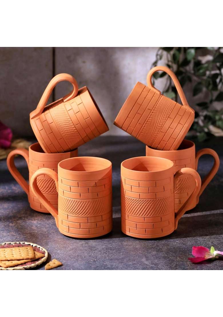 THE HANDICRAFTIAN Handcrafted Terracotta Kohinoor Jumbo Mug Set | 350 ml | 11.8 fl oz | 6-Piece Set | Microwave Safe - Indya