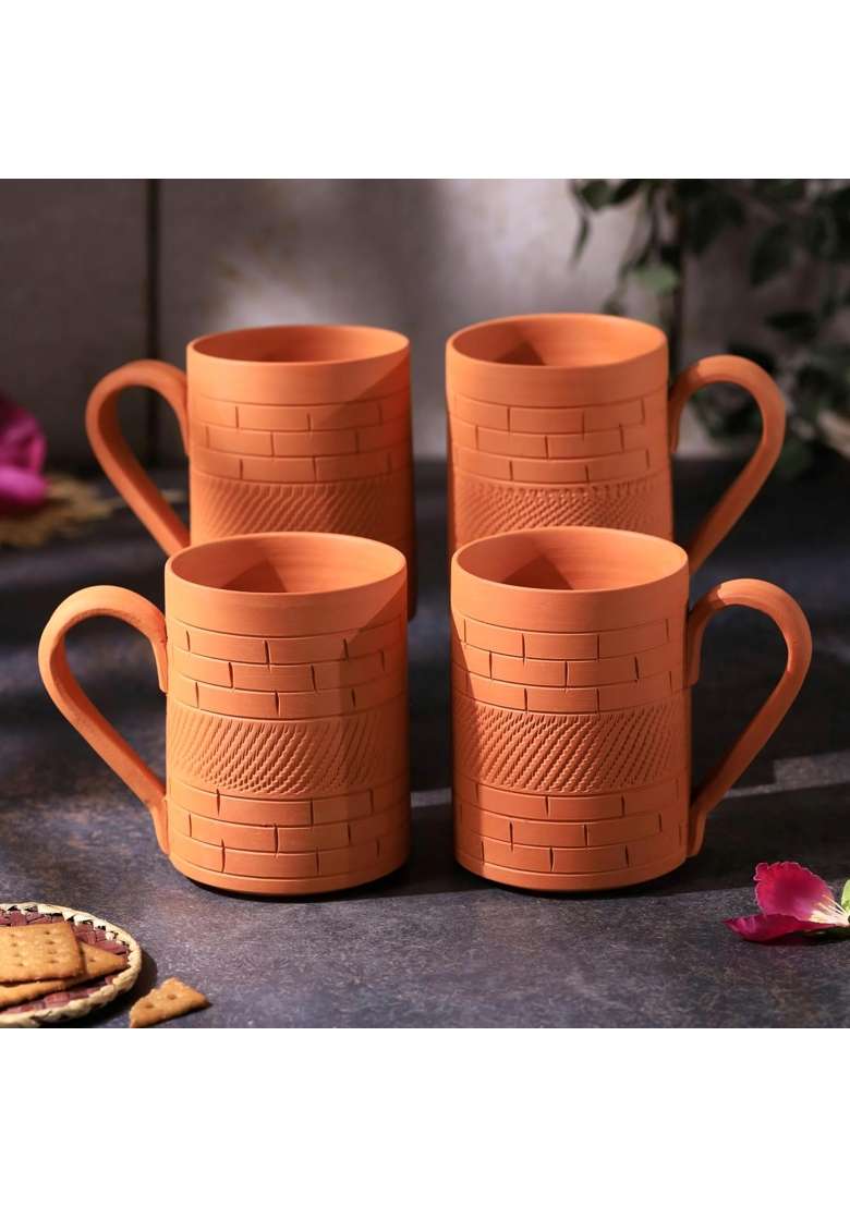 THE HANDICRAFTIAN Handcrafted Terracotta Kohinoor Jumbo Mug Set | 350 ml | 11.8 fl oz | 4-Piece Set | Microwave Safe - Indya