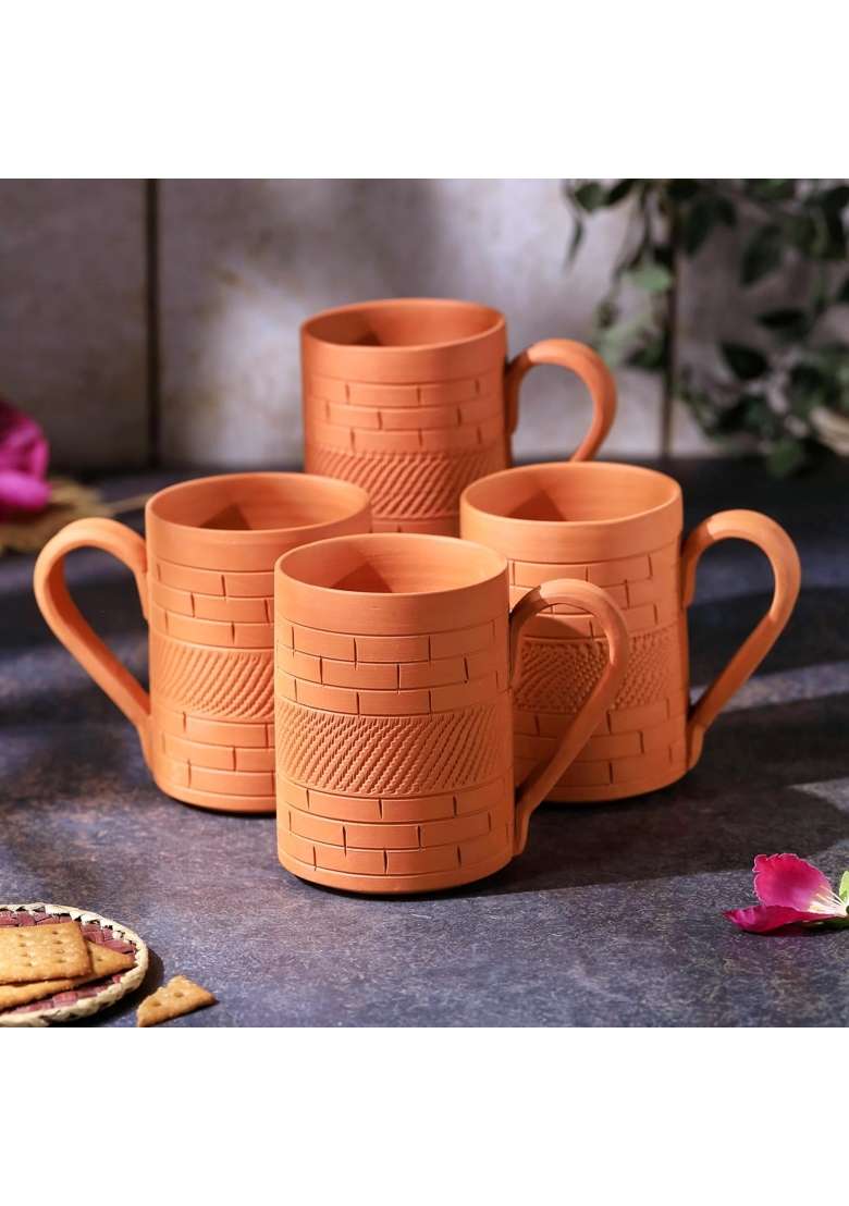THE HANDICRAFTIAN Handcrafted Terracotta Kohinoor Jumbo Mug Set | 350 ml | 11.8 fl oz | 4-Piece Set | Microwave Safe - Indya