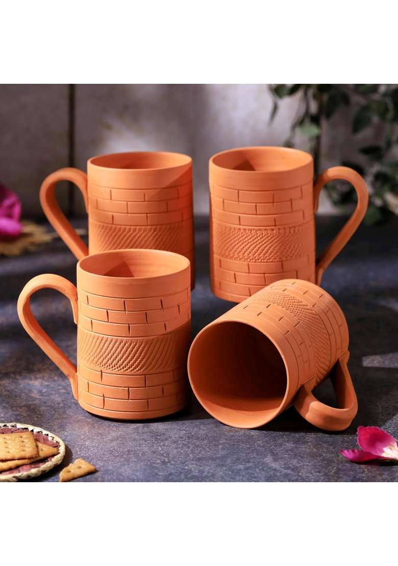 THE HANDICRAFTIAN Handcrafted Terracotta Kohinoor Jumbo Mug Set | 350 ml | 11.8 fl oz | 4-Piece Set | Microwave Safe - Indya