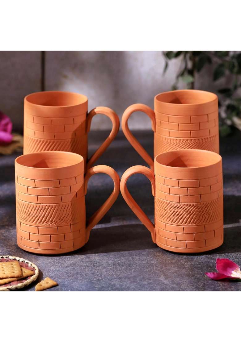 THE HANDICRAFTIAN Handcrafted Terracotta Kohinoor Jumbo Mug Set | 350 ml | 11.8 fl oz | 4-Piece Set | Microwave Safe - Indya