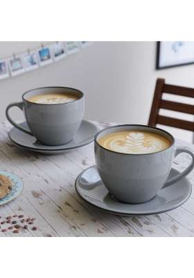 The Earth Store Grey Marble Large Ceramic Cappuccino Coffee Cup with Saucer Large Tea Cups | 250 ml | 8.5 fl oz | 2-Piece Set | Dishwasher Safe