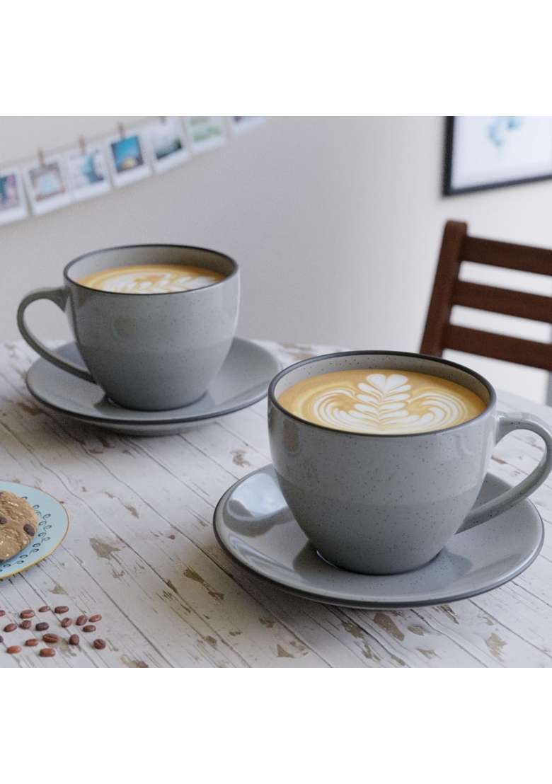 The Earth Store Grey Marble Large Ceramic Cappuccino Coffee Cup with Saucer Large Tea Cups | 250 ml | 8.5 fl oz | 2-Piece Set | Dishwasher Safe - Indya