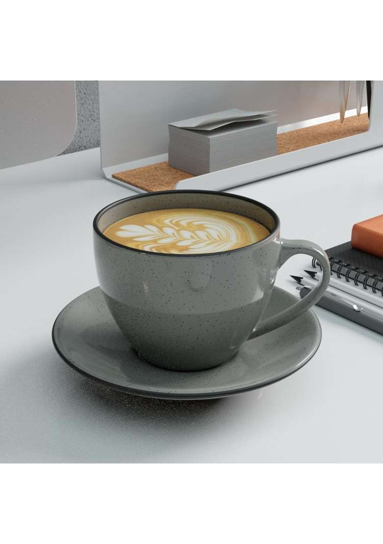 The Earth Store Grey Marble Large Ceramic Cappuccino Coffee Cup with Saucer Large Tea Cups | 250 ml | 8.5 fl oz | 2-Piece Set | Dishwasher Safe - Indya