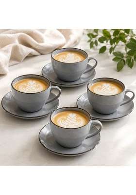The Earth Store Grey Marble Ceramic Cappuccino Cup with Saucer | 250 ml | 8.5 fl oz | 4-Piece Set | Dishwasher Safe | Microwave Safe