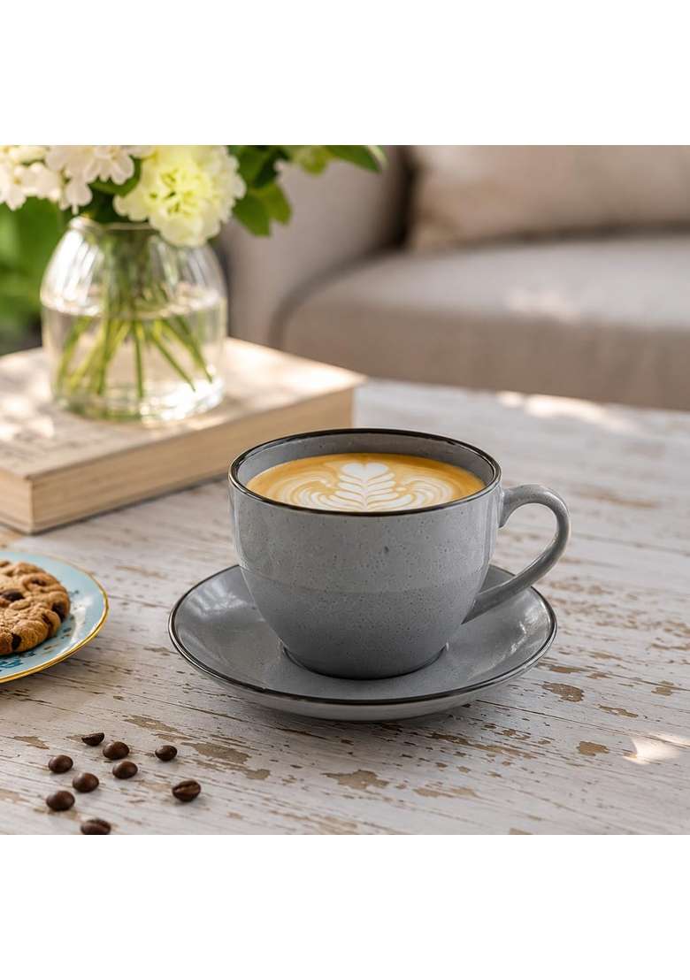 The Earth Store Grey Marble Ceramic Cappuccino Cup with Saucer | 250 ml | 8.5 fl oz | 4-Piece Set | Dishwasher Safe | Microwave Safe - Indya