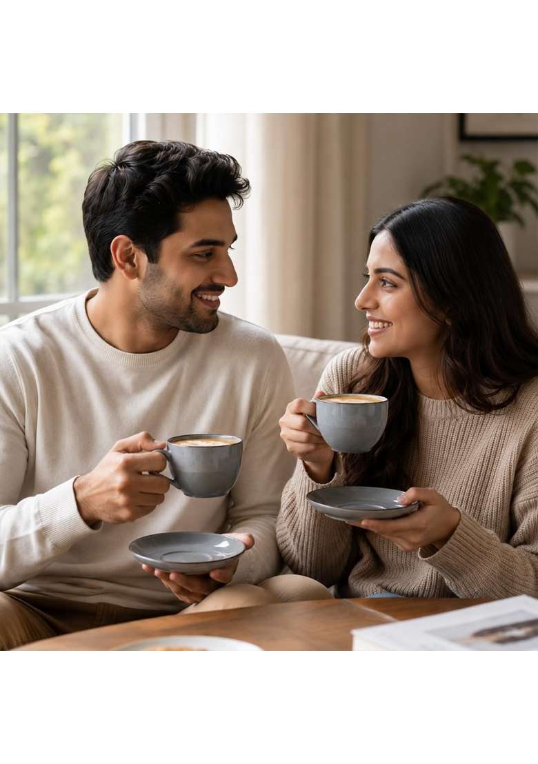 The Earth Store Grey Marble Ceramic Cappuccino Cup with Saucer | 250 ml | 8.5 fl oz | 4-Piece Set | Dishwasher Safe | Microwave Safe - Indya
