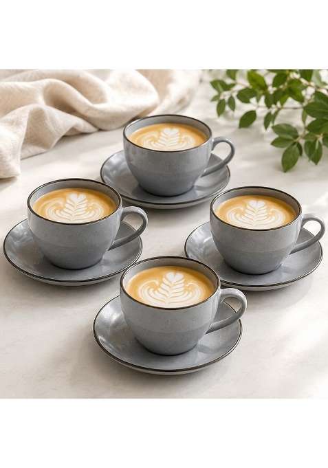 The Earth Store Grey Marble Ceramic Cappuccino Cup with Saucer | 250 ml | 8.5 fl oz | 4-Piece Set | Dishwasher Safe | Microwave Safe