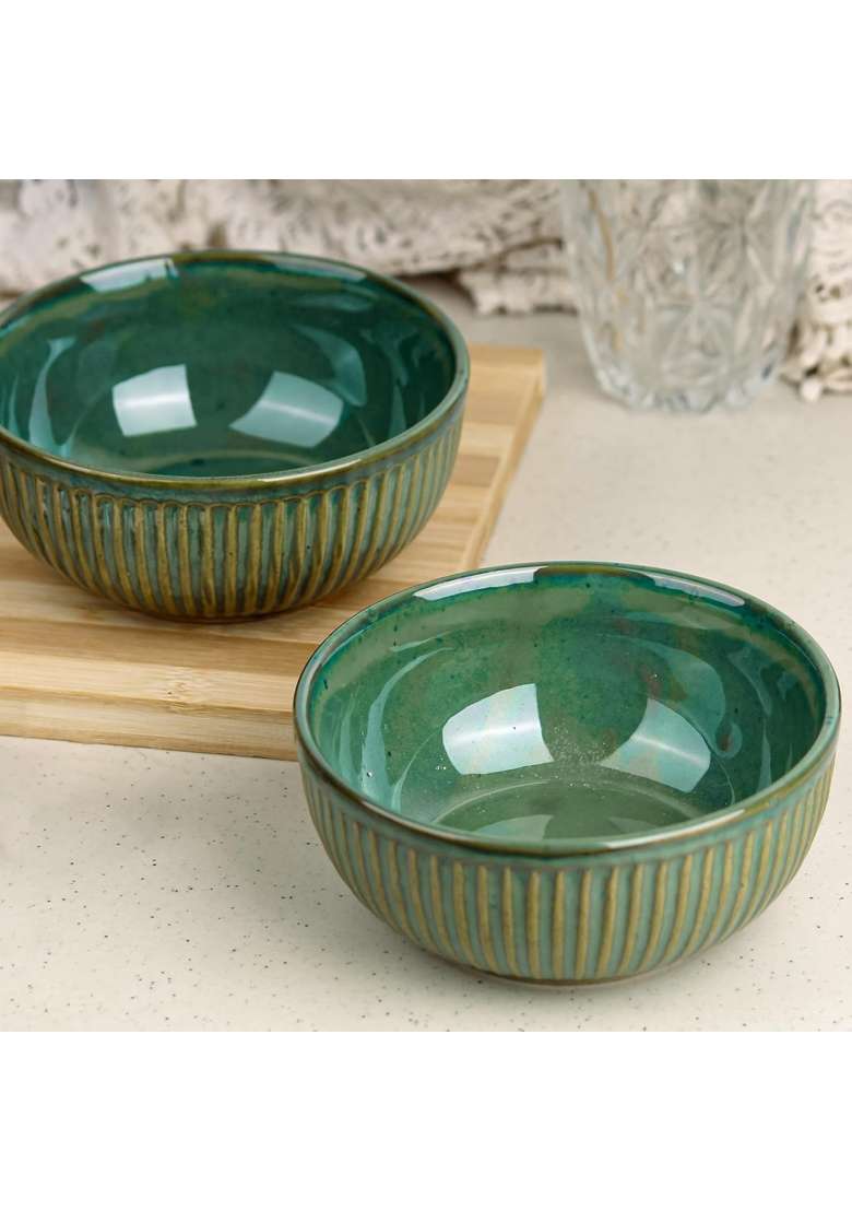 The Earth Store Glam Green Ceramic Bowl | 500 ml | 16.9 fl oz | 2-Piece Set | Microwave Safe - Indya