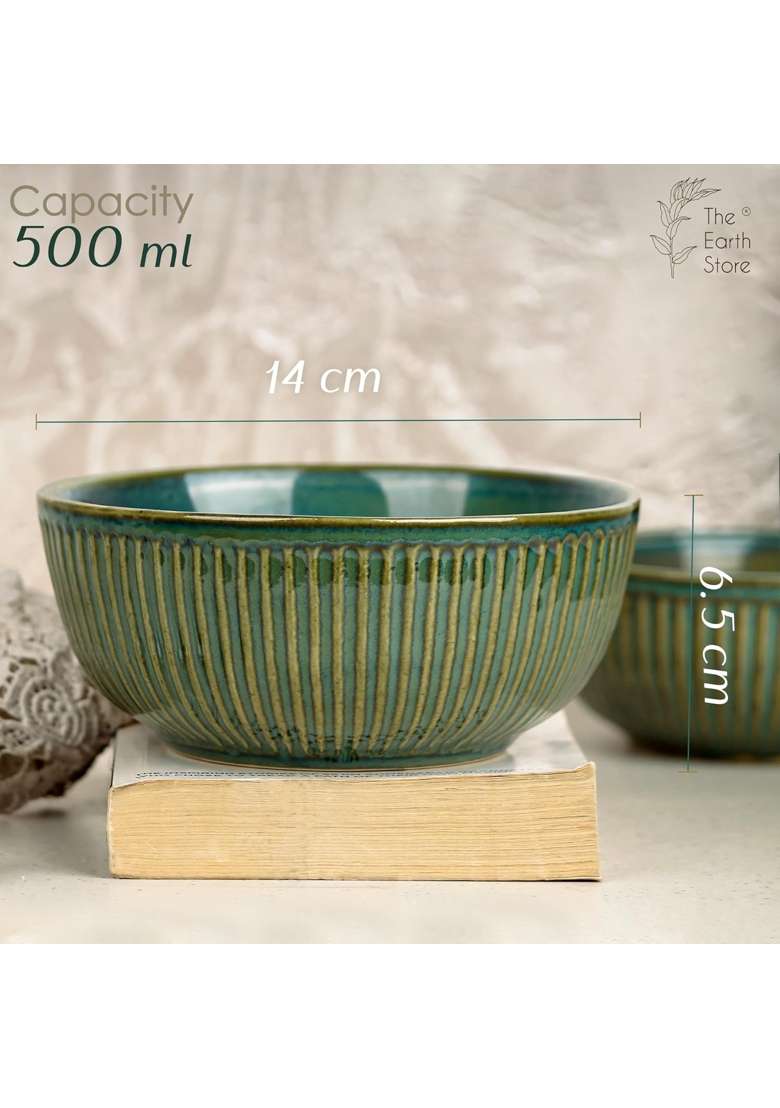 The Earth Store Glam Green Ceramic Bowl | 500 ml | 16.9 fl oz | 2-Piece Set | Microwave Safe - Indya