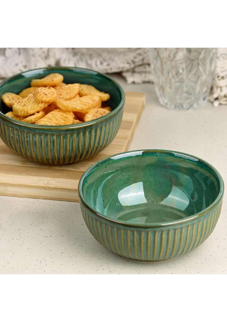 The Earth Store Glam Green Ceramic Bowl | 500 ml | 16.9 fl oz | 2-Piece Set | Microwave Safe - Indya
