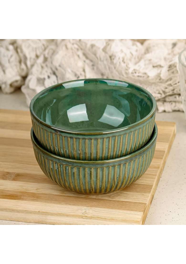 The Earth Store Glam Green Ceramic Bowl | 500 ml | 16.9 fl oz | 2-Piece Set | Microwave Safe - Indya
