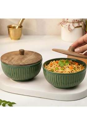 The Earth Store Glam Green Ceramic Bowl | 500 ml | 16.9 fl oz | 2-Piece Set | Microwave Safe | With Lid