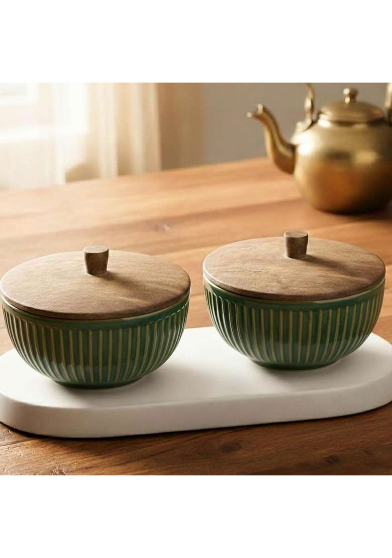 The Earth Store Glam Green Ceramic Bowl | 500 ml | 16.9 fl oz | 2-Piece Set | Microwave Safe | With Lid - Indya