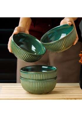 The Earth Store Glam Green Ceramic Bowl | 500 ml | 16.9 fl oz | 4-Piece Set | Microwave Safe
