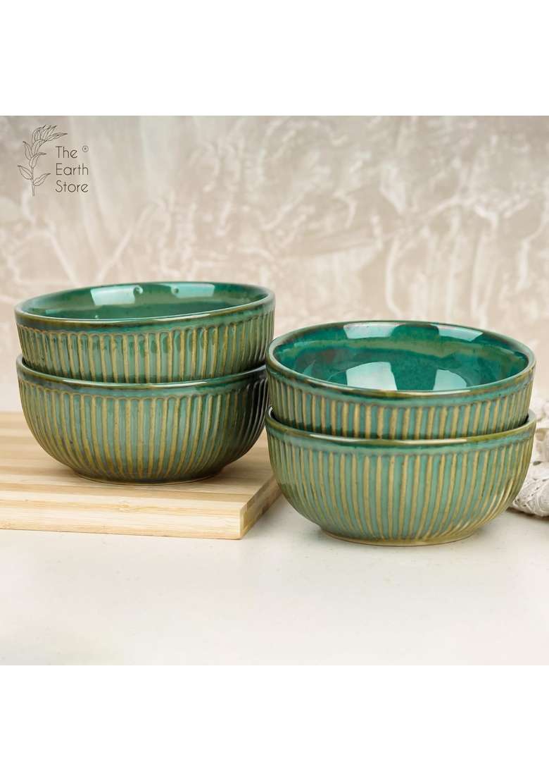 The Earth Store Glam Green Ceramic Bowl | 500 ml | 16.9 fl oz | 4-Piece Set | Microwave Safe - Indya