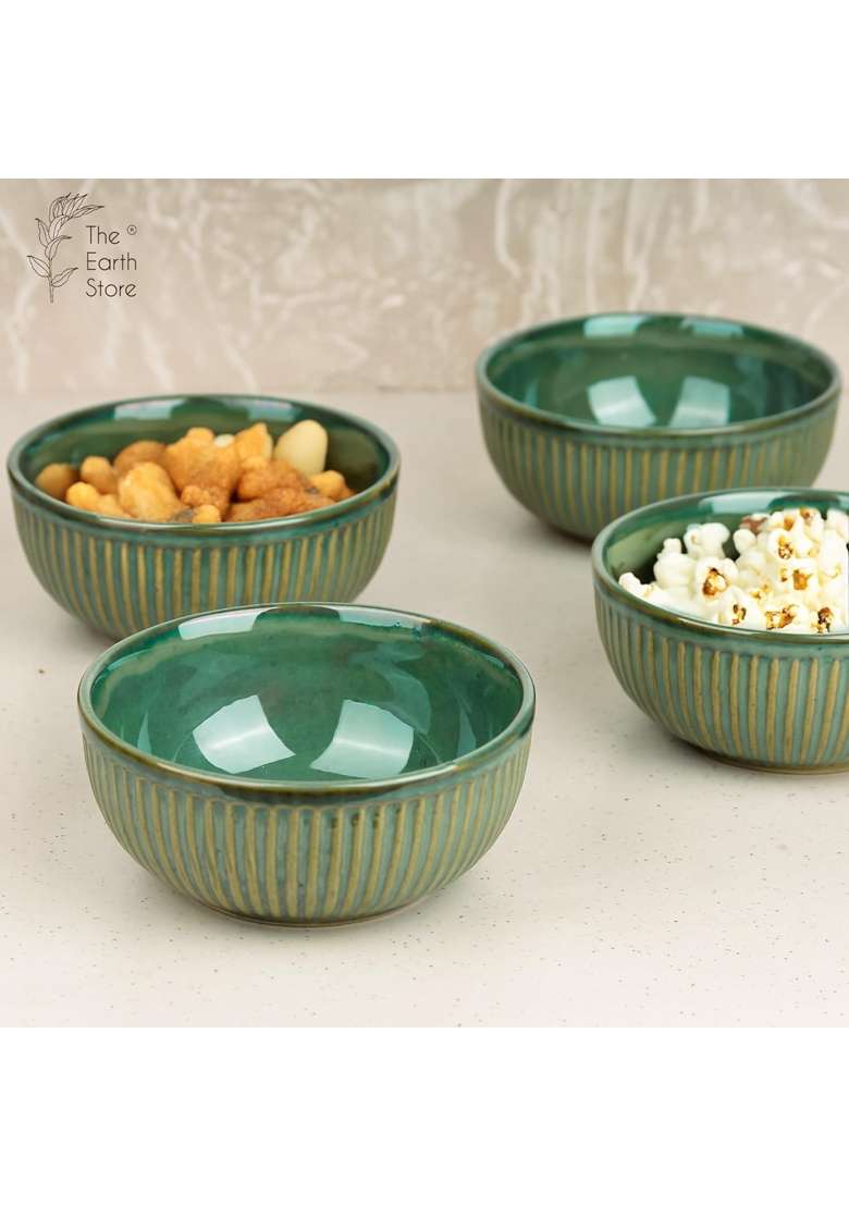 The Earth Store Glam Green Ceramic Bowl | 500 ml | 16.9 fl oz | 4-Piece Set | Microwave Safe - Indya