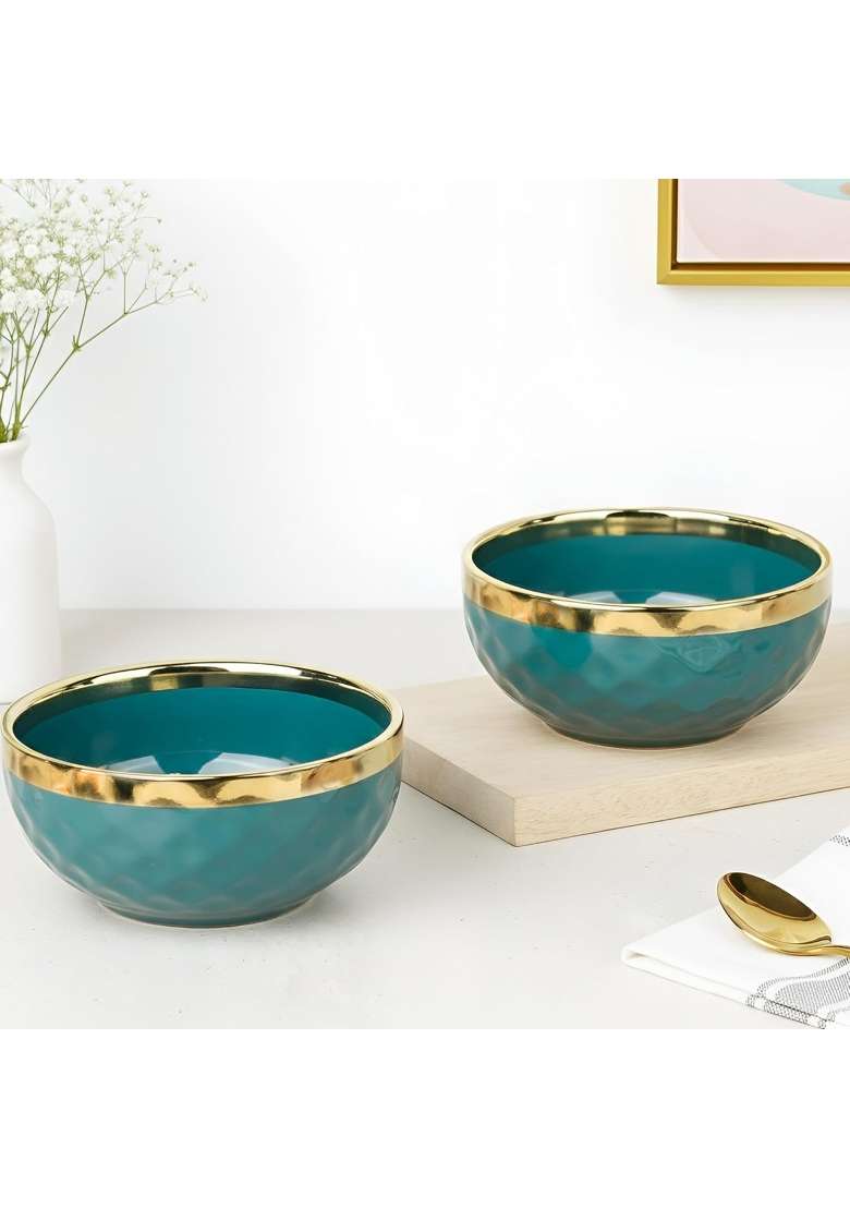 The Earth Store Teal Diamond Gold Ceramic Bowl | 500 ml | 16.9 fl oz | 2-Piece Set - Indya