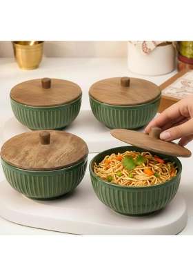 The Earth Store Glam Green Ceramic Bowl | 500 ml | 16.9 fl oz | 4-Piece Set | Microwave Safe | With Lid