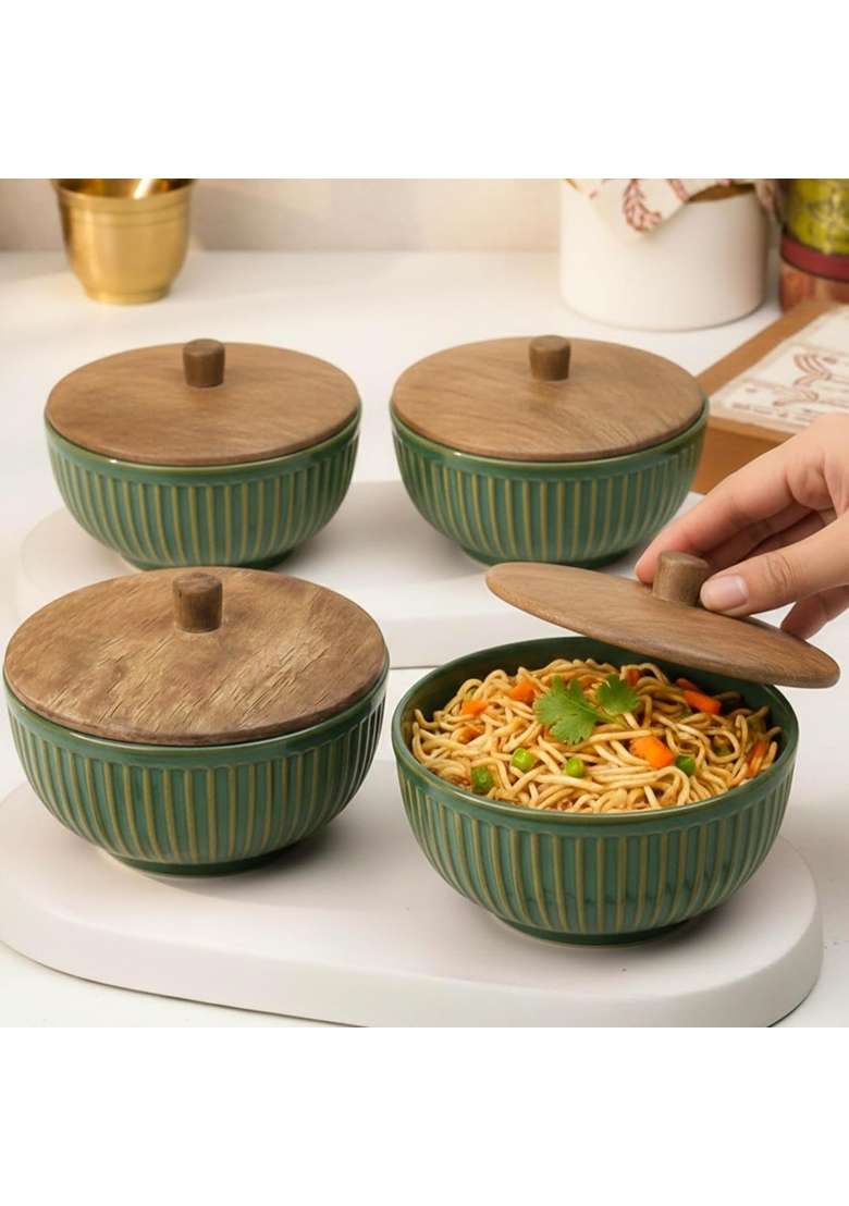 The Earth Store Glam Green Ceramic Bowl | 500 ml | 16.9 fl oz | 4-Piece Set | Microwave Safe | With Lid - Indya