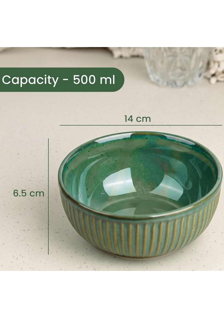 The Earth Store Glam Green Ceramic Bowl | 500 ml | 16.9 fl oz | 4-Piece Set | Microwave Safe | With Lid - Indya
