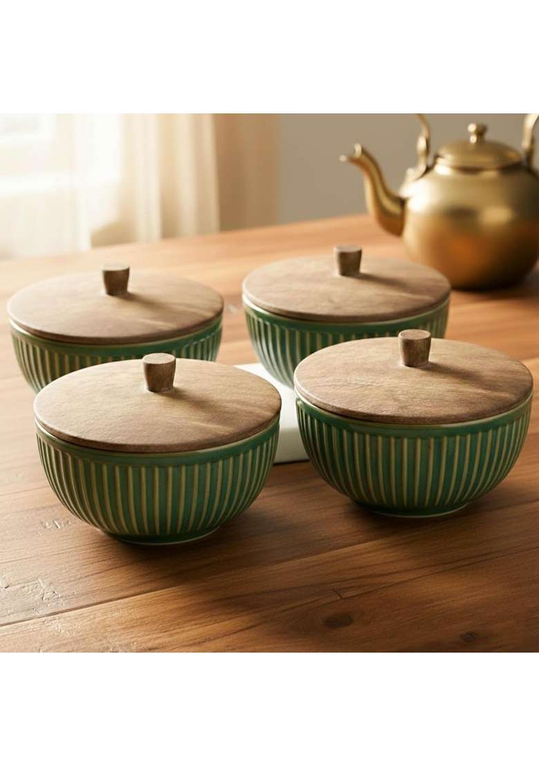 The Earth Store Glam Green Ceramic Bowl | 500 ml | 16.9 fl oz | 4-Piece Set | Microwave Safe | With Lid - Indya